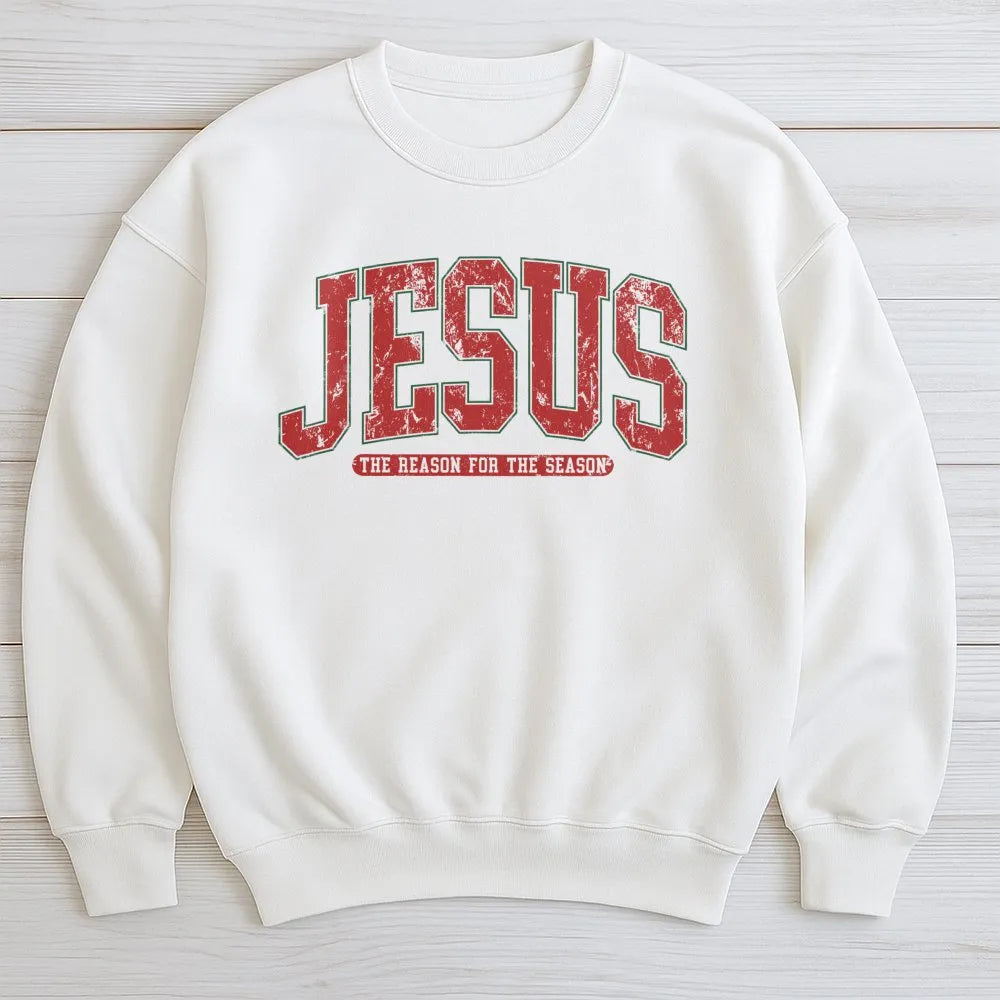 Christian Christmas Crewneck, Jesus Is the Reason for the Season Sweatshirt, Distressed Varsity Holiday Sweater, Faith Winter