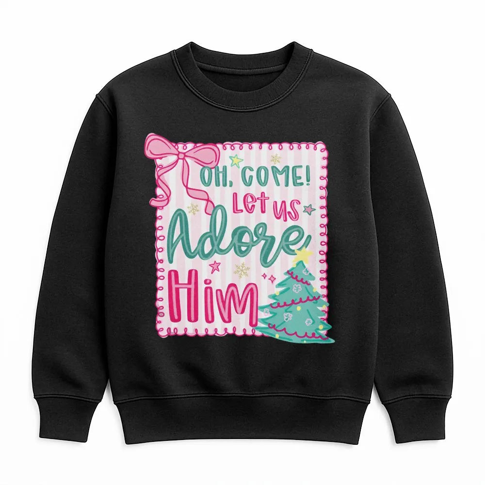 Pink Coquette Christmas Crewneck, Oh Come Let Us Adore Him Sweatshirt, Nativity Christian Holiday Sweater, Girly Xmas Bow Pul