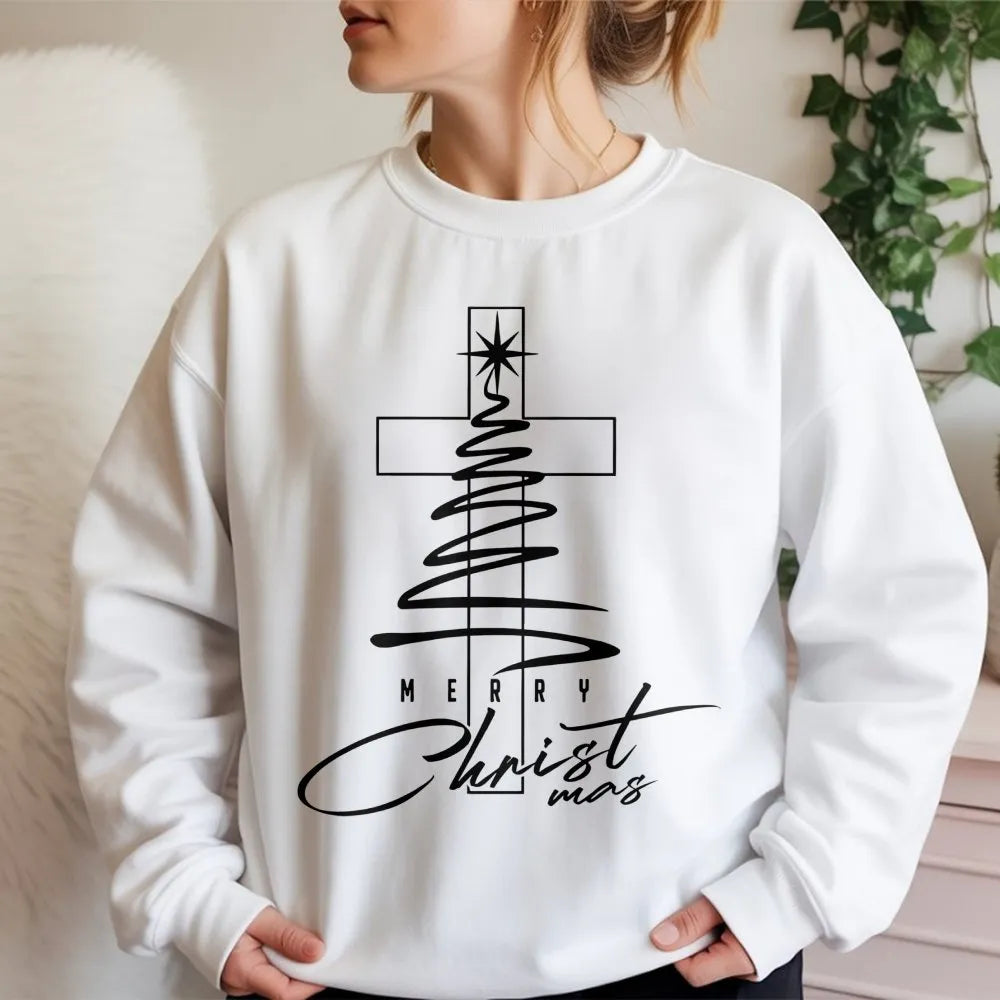 Minimal Cross Tree Crewneck, Christian Christmas Sweatshirt, Religious Holiday Sweatshirt, Faith Based Pullover, Christian Pr