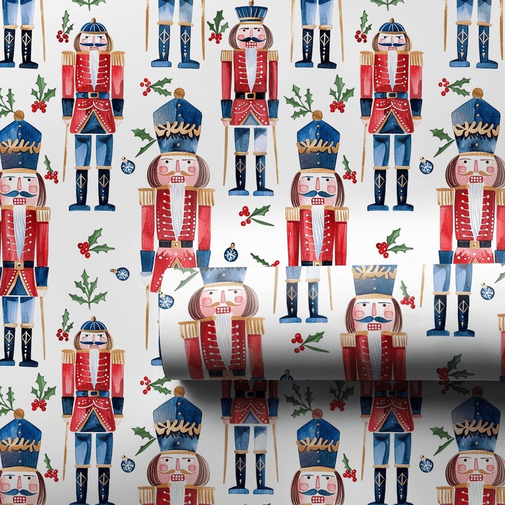 Watercolor Christmas Gift Wrap Roll, Nutcracker Wrapping Paper, Holiday Nutcracker Soldier Wrapping Paper, Festive Xmas Gift 