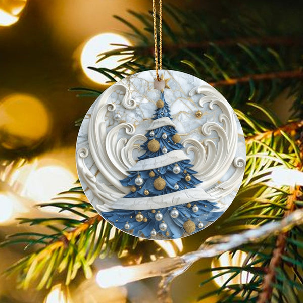 3D Marble Christmas Ornament, Blue Swirl Tree Ornament, Elegant Blue Holiday Tree Decor, Ceramic Winter Keepsake Ornament, Se