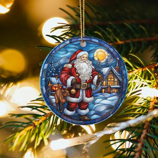 Winter Village Santa Ornament, Stained Glass Santa Ornament, Ceramic Christmas Tree Ornament, Holiday Keepsake Decoration, Xm