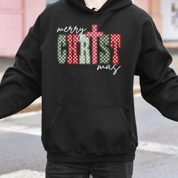 Red Green Checkerboard Faith Sweatshirt, Merry Christ-mas Cross Hoodie, Religious Christmas Tree Pullover, Jesus Holiday Pres