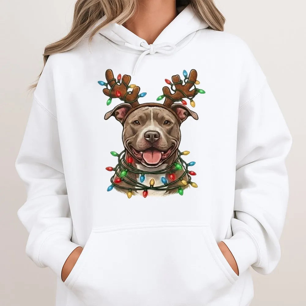 Reindeer Antler Dog Hoodie, Pitbull Christmas Hoodie, Pitbull Holiday Lights Sweatshirt, Festive Dog Mom Pullover, Dog Lover 