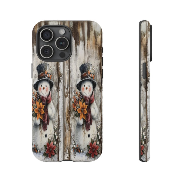 Vintage Rustic Christmas Snowman Phone Case, Snowman Phone Case for iPhone, Winter Poinsettia Wood iPhone Cover, Holiday Pres