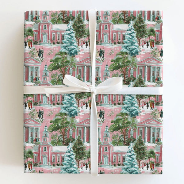 Snowy Winter Village Gift Wrap, Pink Christmas Wrapping Paper, Pastel Church Town Wrapping Paper, Retro Holiday Present Gift 