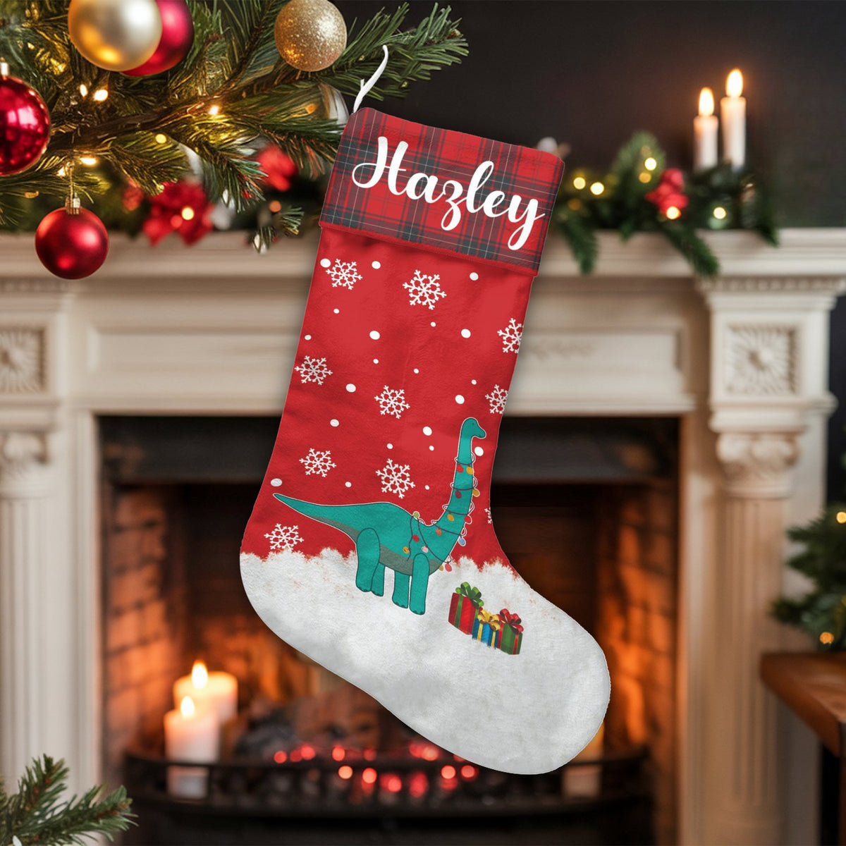 Plaid Cuff Holiday Dino Stocking, Personalized T-Rex Dinosaur Christmas Stocking, Custom Name Kids Xmas Stocking, Festive Fam