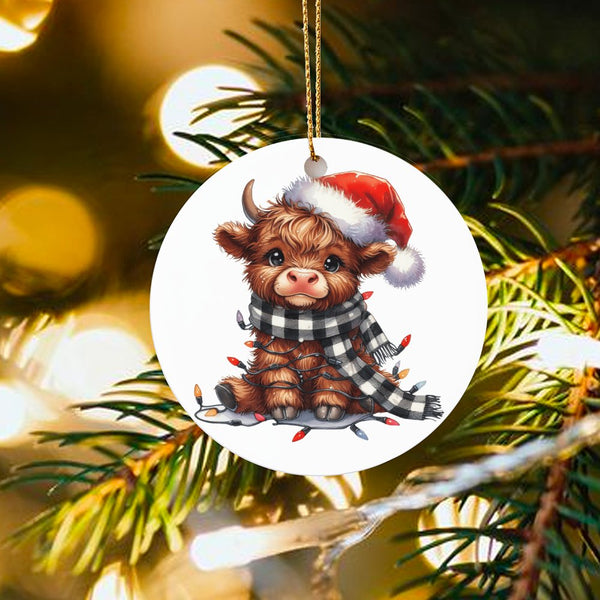 Santa Hat Calf Ceramic Ornament, Baby Highland Cow Christmas Ornament, Plaid Scarf Farm Animal Ornament, Festive Tree Decor, 