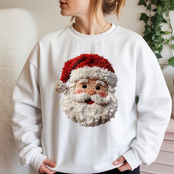 Faux Yarn Santa Sweatshirt, Punch Needle Santa Sweatshirt, Retro Vintage Christmas Sweatshirt, Comfy Holiday Crewneck, Winter