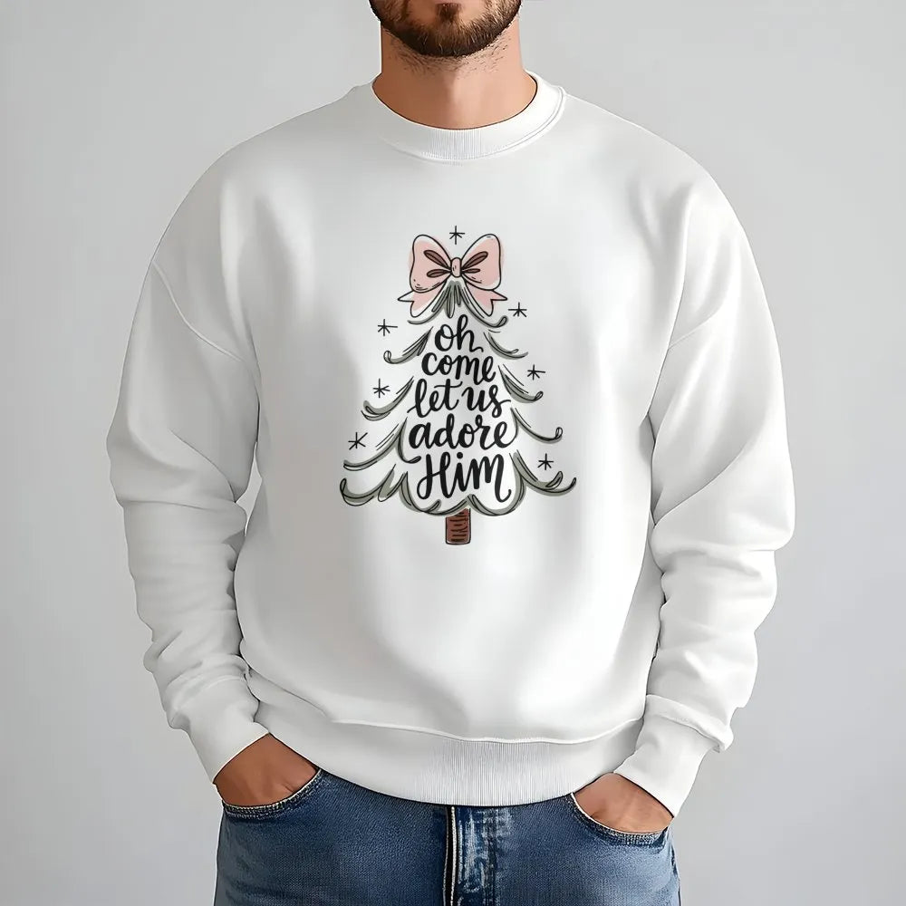 Christian Christmas Sweatshirt, Oh Come Let Us Adore Him Sweatshirt, Religious Christmas Tree Crewneck, Faith Christmas Sweat