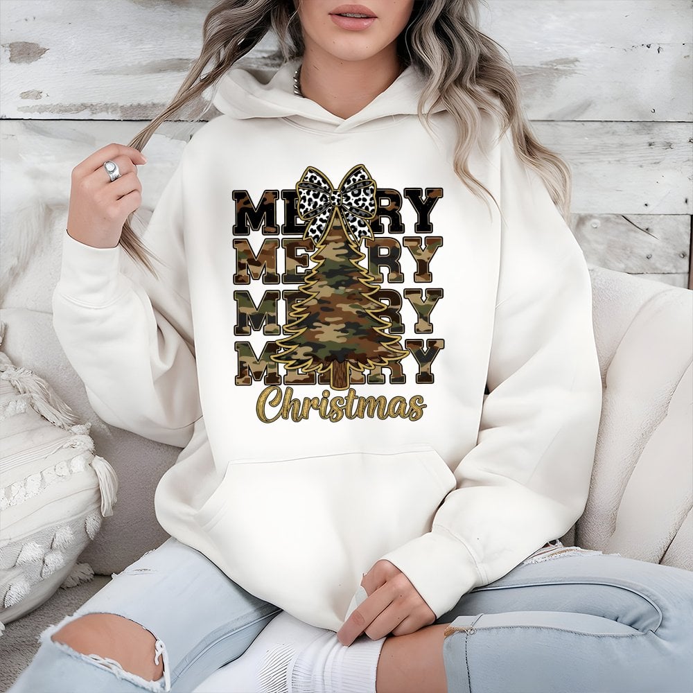 Rustic Leopard Bow Holiday Pullover, Merry Christmas Camo Hoodie, Country Hunting Season Sweatshirt, Adorable Xmas Tree Camou