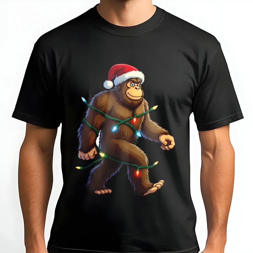 Humorous Sasquatch Santa Hat Shirt, Bigfoot Christmas T-Shirt, Retro Bigfoot Holiday Lights Tee, Adorable Bigfoot Xmas Shirt,