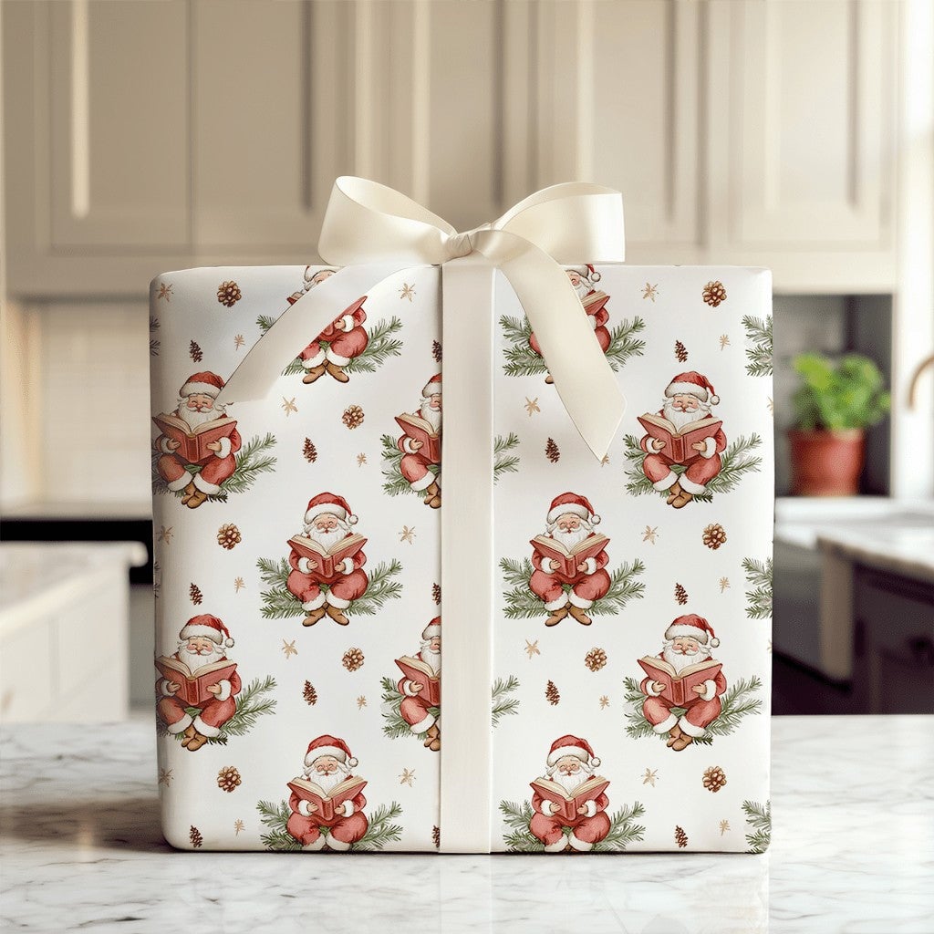 Book Lover Christmas Gift Wrap, Reading Santa Wrapping Paper, Vintage Watercolor Wrapping Paper, Pinecone Holiday Gift Wrap R