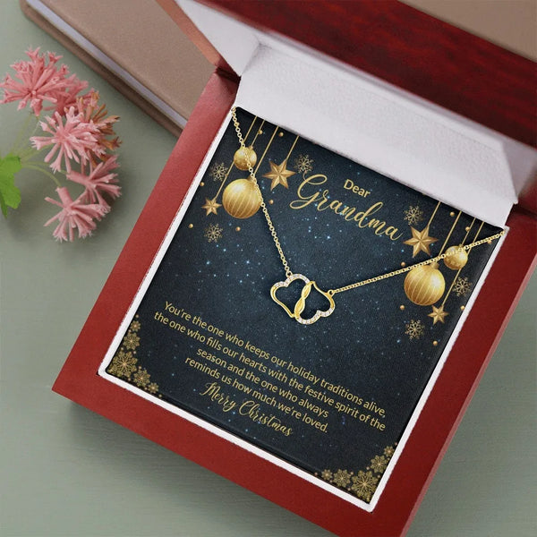10k Solid Gold Diamond Necklace, Grandma Christmas Double Heart Necklace, Interlocking Hearts Pendant Necklace, Holiday Prese