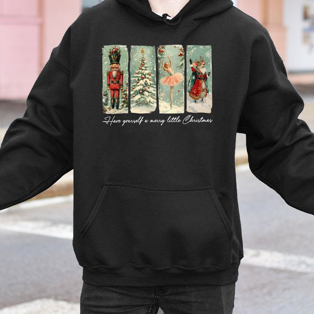 Retro Ballet Soldier Holiday Hooded Sweatshirt, Vintage Nutcracker Christmas Hoodie, Comfy Winter Xmas Pullover Hoodie, Coque
