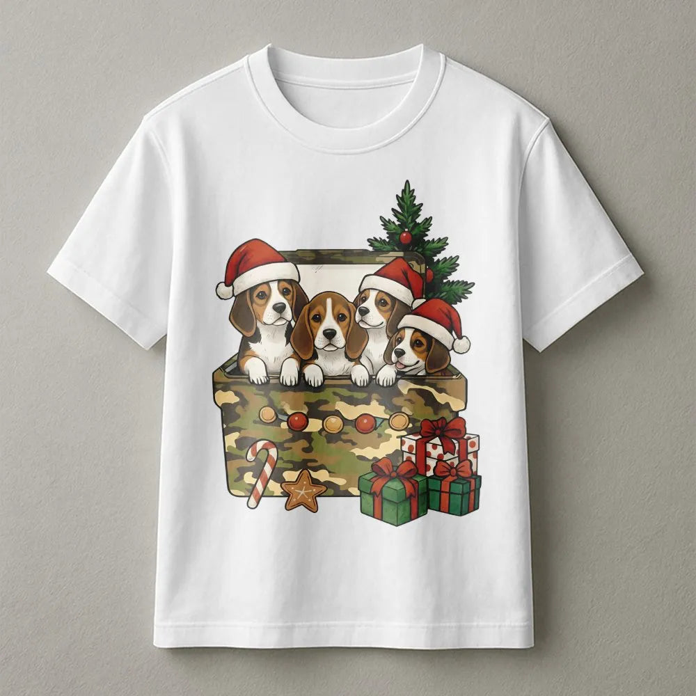 Beagle Christmas T-Shirt | Cute Puppies in Camo Gift Box | Premium Soft Cotton | Funny Dog Lover Holiday Gift