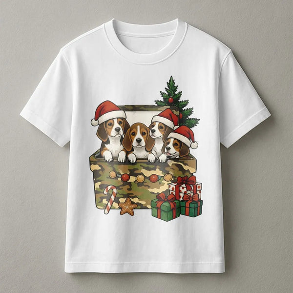 Beagle Christmas T-Shirt | Cute Puppies in Camo Gift Box | Premium Soft Cotton | Funny Dog Lover Holiday Gift