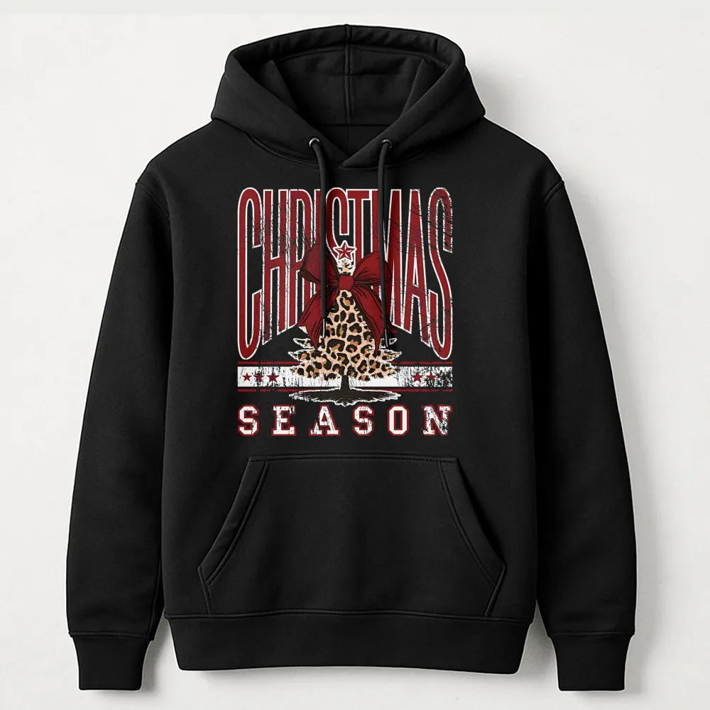 Christmas Season Hoodie, Leopard Print Bow Tree Hoodie, Adorable Coquette Holiday Tree Hooded Sweatshirt, Comfy Xmas Hoodie, 