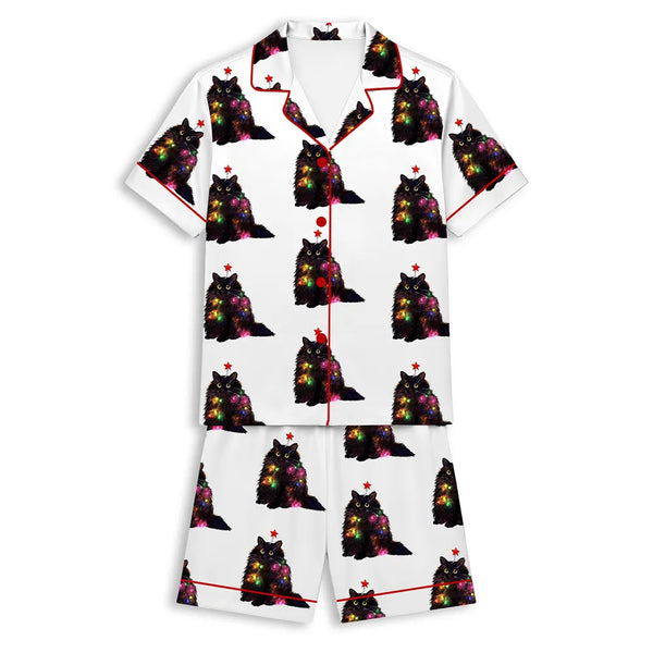 Holiday Cat Satin Pajamas, Christmas Lights Cat Pajama Set, Silky Short Sleeve Sleepwear, Festive Xmas Loungewear PJs Present