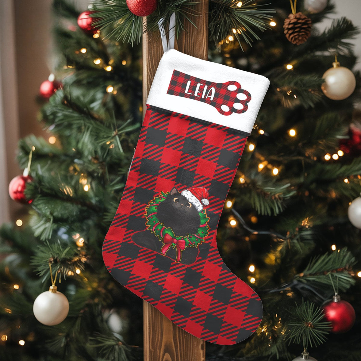 Red Plaid Paw Print Stocking, Personalized Black Cat Christmas Stocking, Adorable Pet Xmas Stocking, Custom Pet Lover Holiday