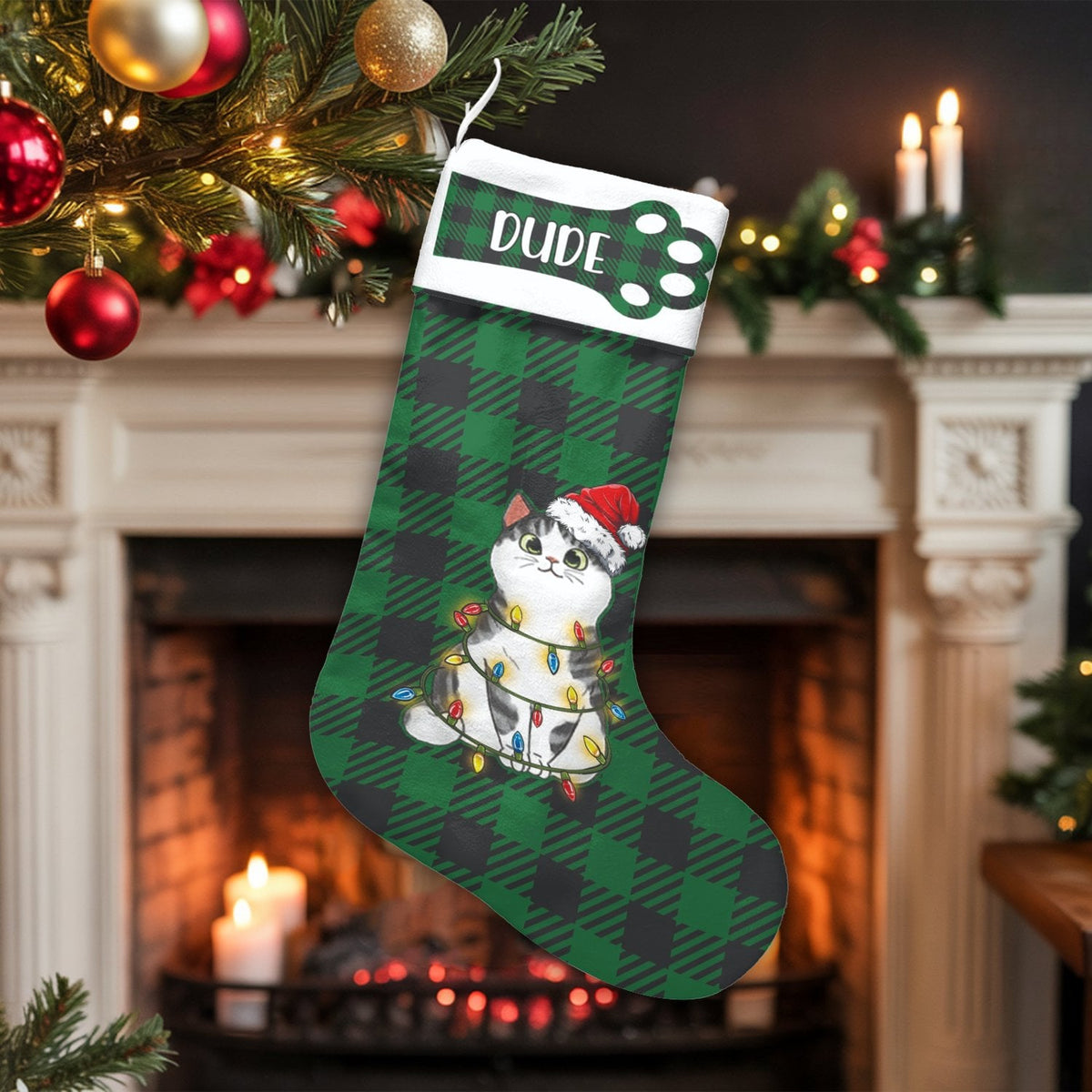 Green Plaid Holiday Pet Stocking, Personalized Cat Christmas Stocking, Velboa Fabric Custom Name Stocking, Cat Lover Xmas Hom