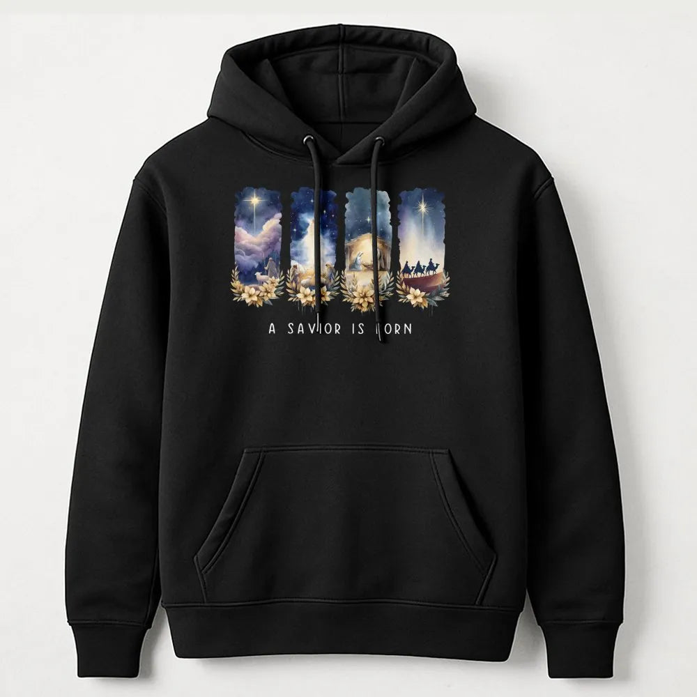 Nativity Scene Graphic Sweatshirt, A Savior Is Born Hoodie, Christian Religious Christmas Pullover, Holy Night Hooded Sweatsh