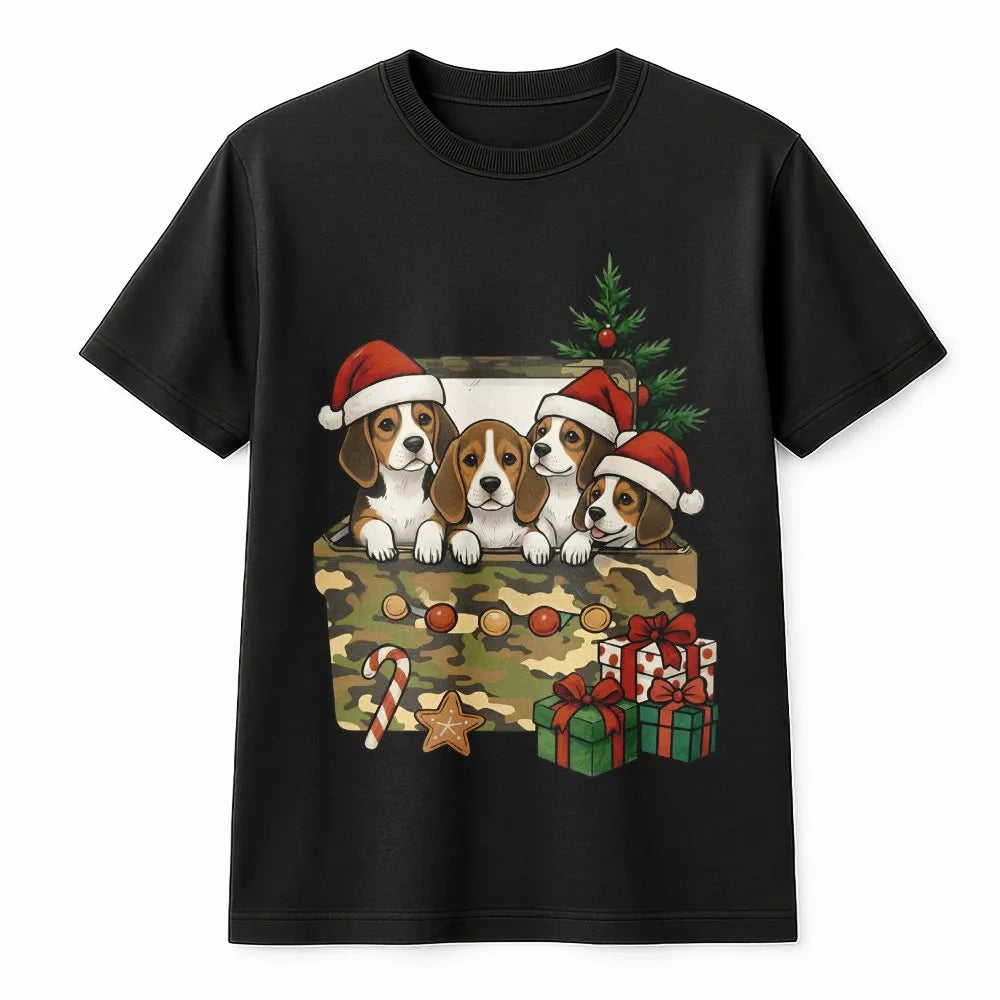 Beagle Christmas T-Shirt | Cute Puppies in Camo Gift Box | Premium Soft Cotton | Funny Dog Lover Holiday Gift