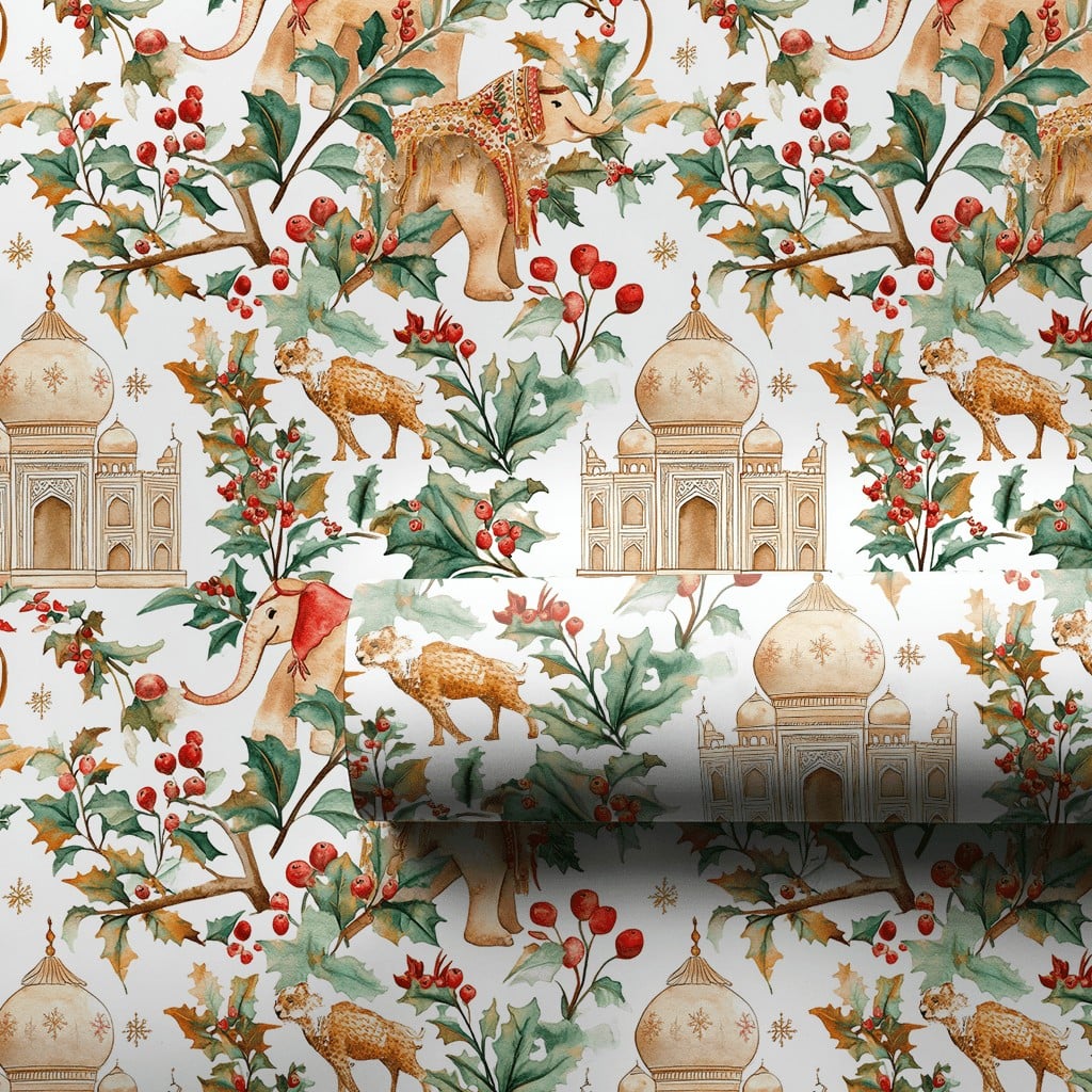Indian Holiday Gift Wrap, Taj Mahal Christmas Wrapping Paper, Watercolor Elephant Camel Gift Wrap Roll, Multicultural Xmas Wr