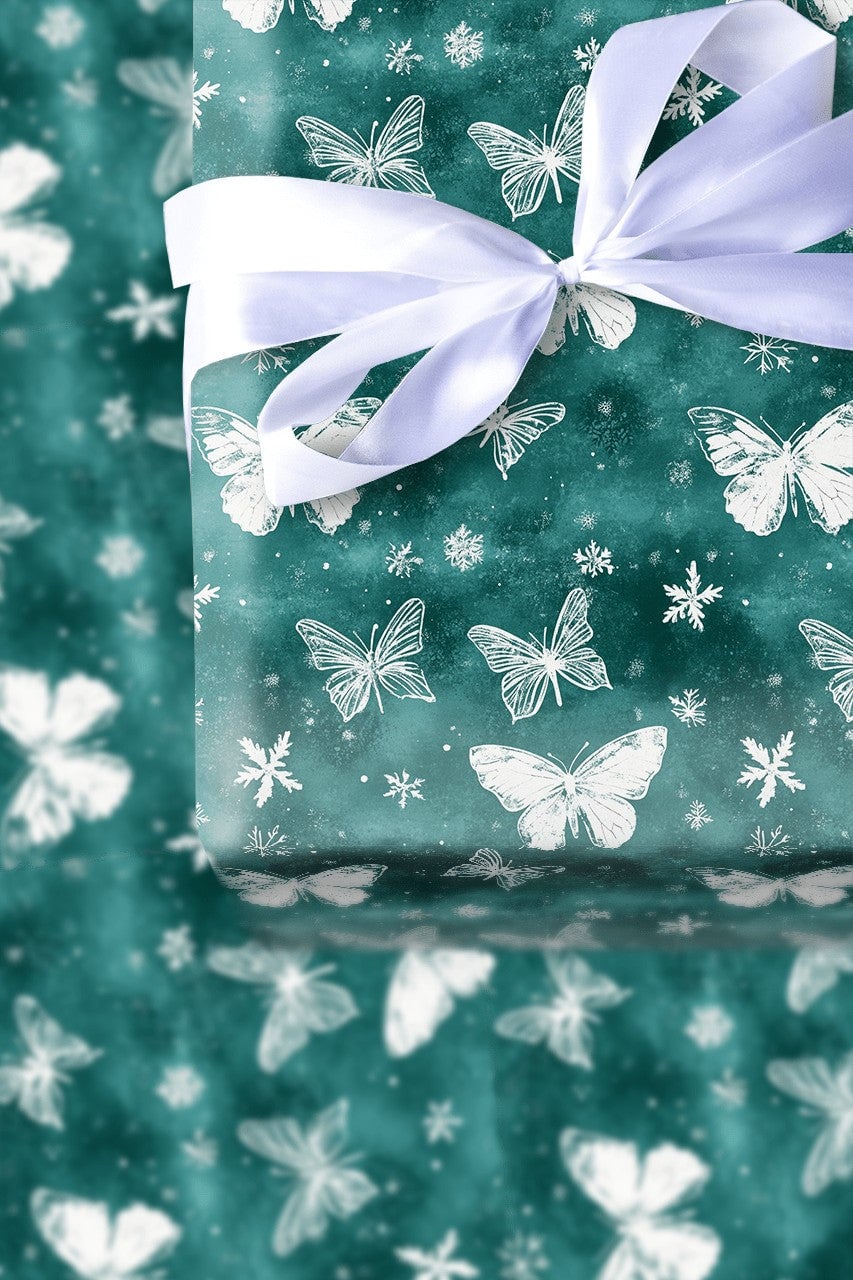 Teal Snowflake Gift Wrap, Winter Butterfly Wrapping Paper, Elegant Nature Holiday Wrapping Paper, Christmas and Birthday Pres