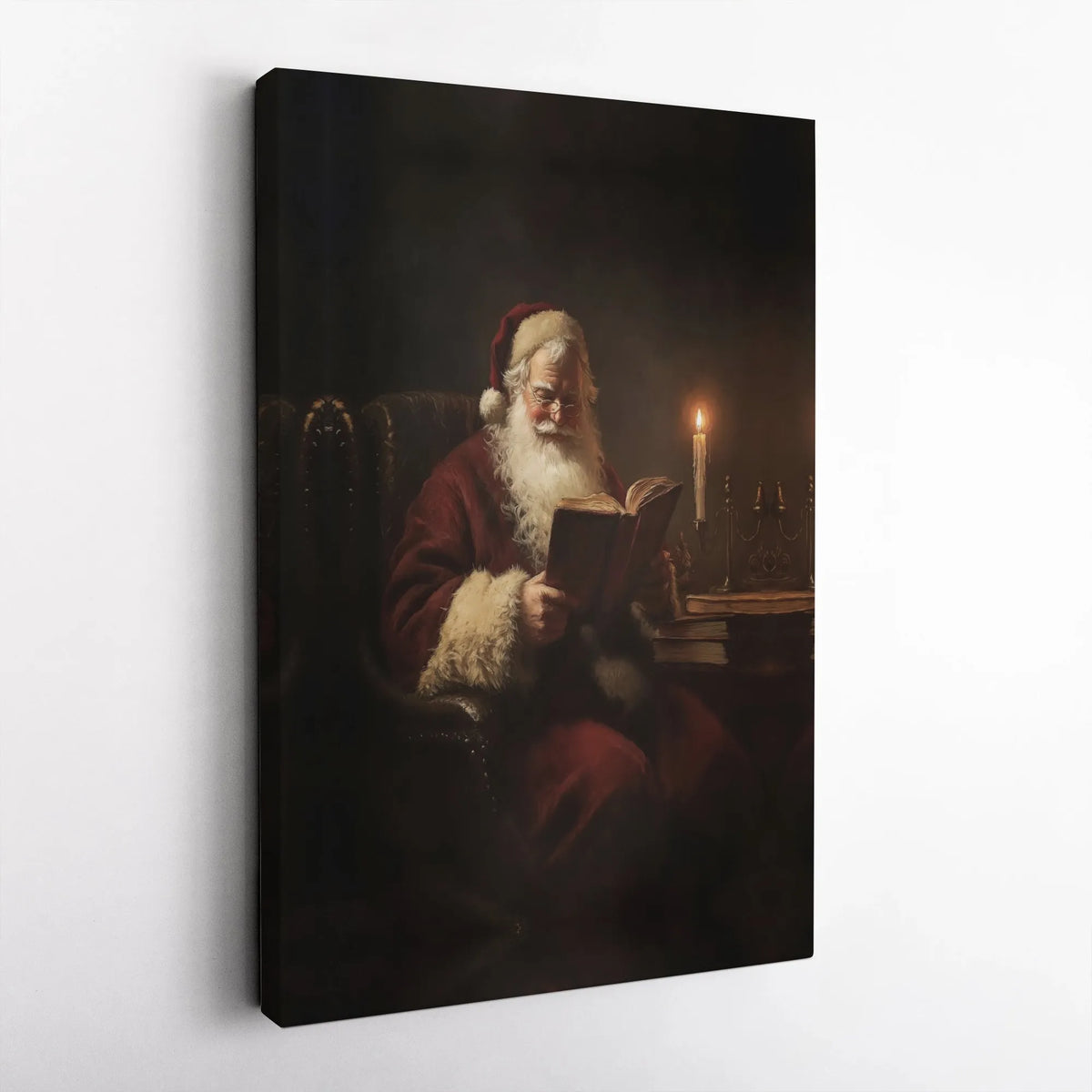Vintage Christmas Canvas Wall Art, Santa Claus Reading a Book Canvas Print, Oil Painting Style Holiday Canvas, Festive Xmas W
