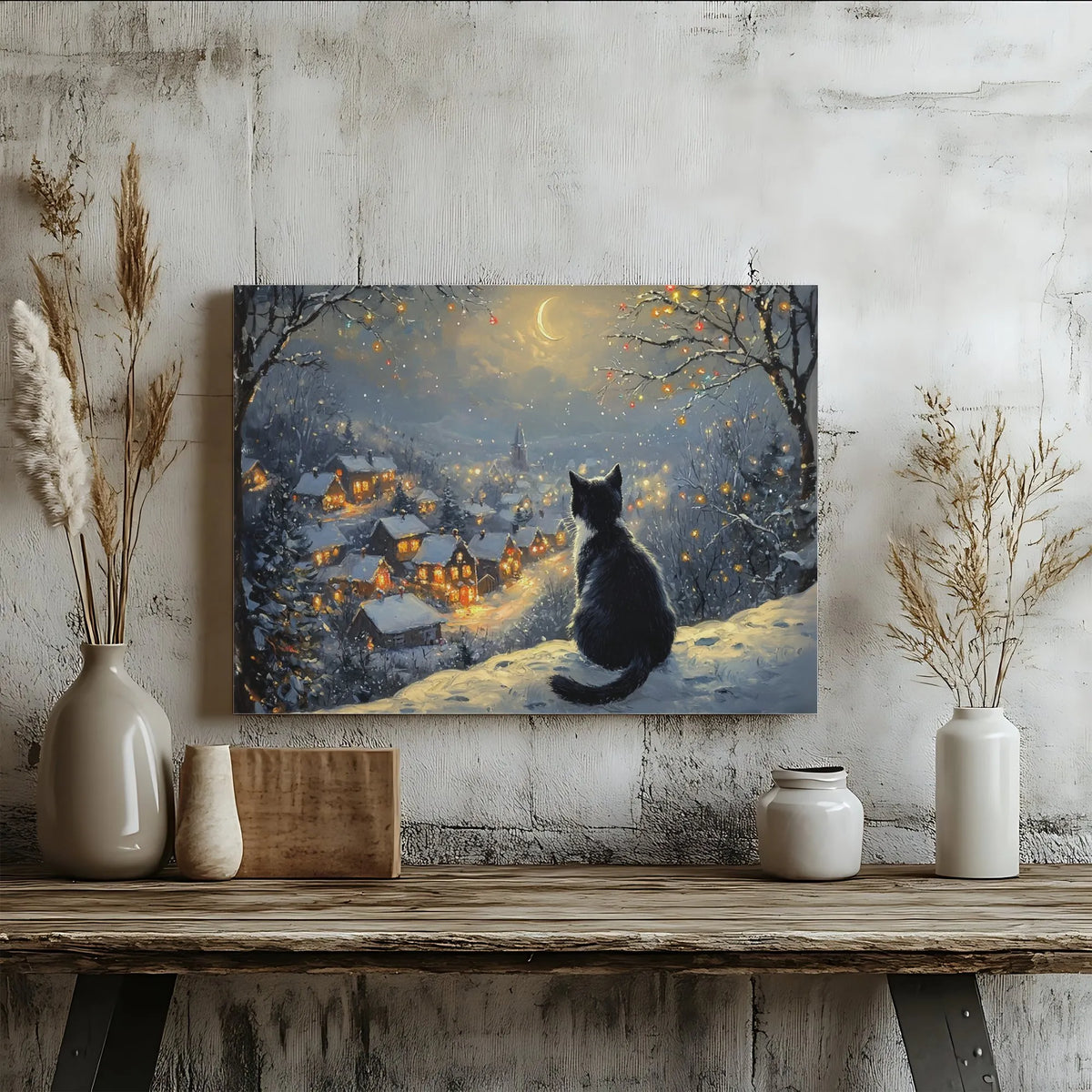 Snowy Christmas Night Art Poster, Black Cat Winter Village Canvas Wall Art, Comfy Holiday Wall Decor Print, Cat Lover Digital