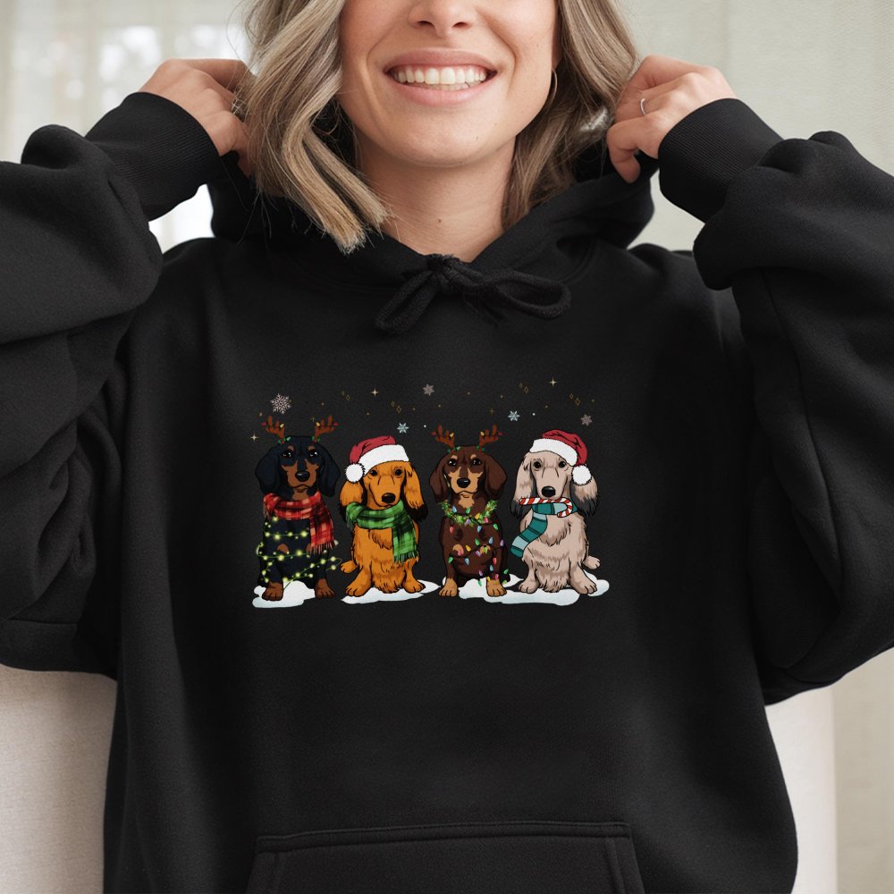 Festive Weiner Dog Holiday Sweatshirt, Dachshund Christmas Hoodie, Adorable Xmas Dog Lover Pullover, Comfy Dachshund Mom Hood