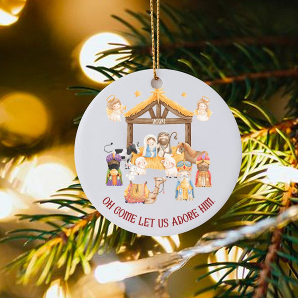 Holy Nativity Scene Christmas Ornament, Oh Come Let Us Adore Him Nativity Ornament, Christian Ceramic Keepsake Ornament, Fait