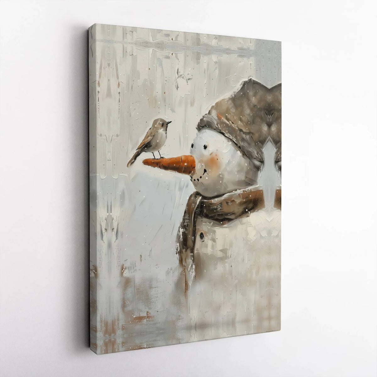 Impressionist Snow Scene Painting, Snowman and Bird Winter Wall Art Canvas Print, Farmhouse Christmas Holiday Poster, Digital