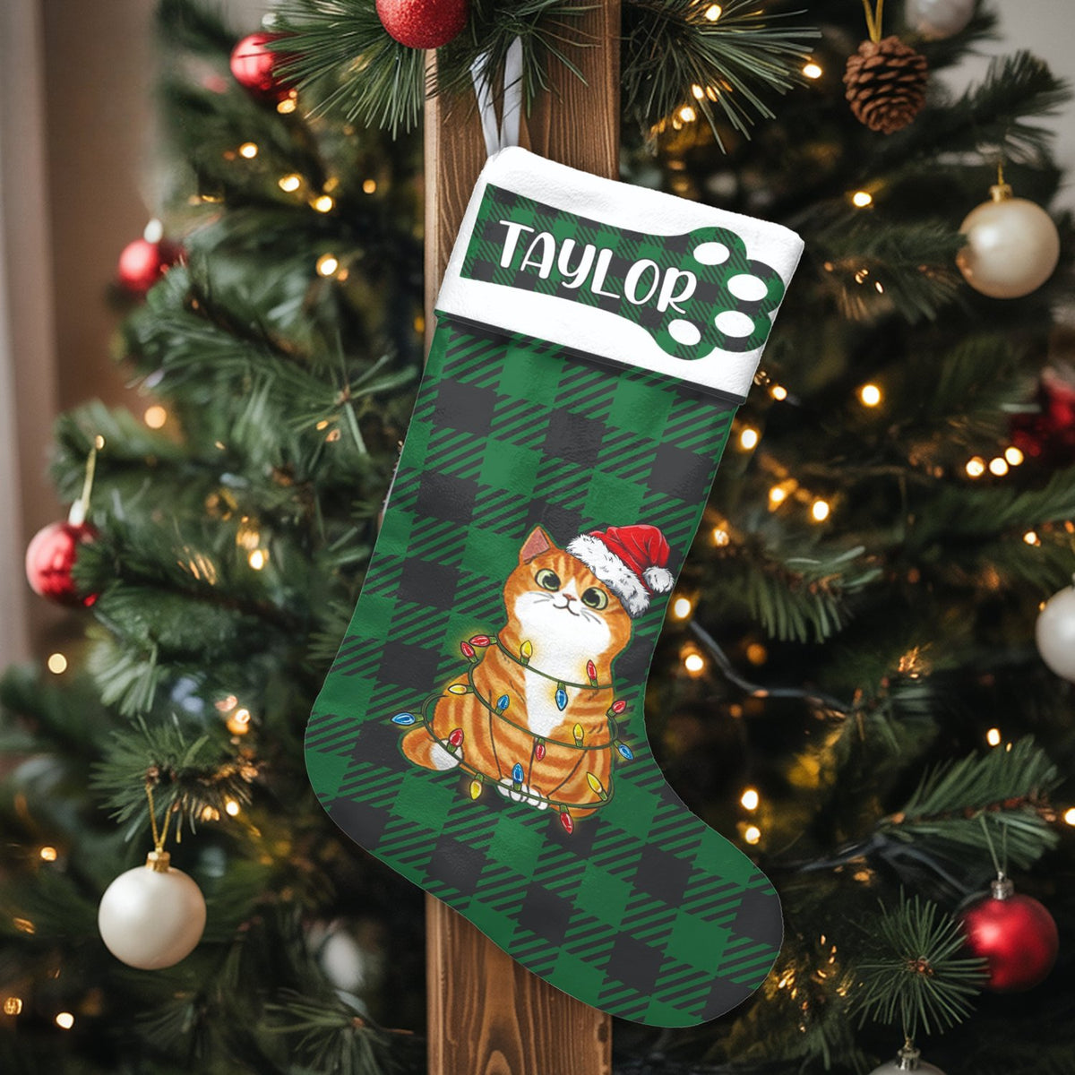 Ginger Kitty Santa Hat Stocking, Personalized Cat Christmas Stocking, Custom Holiday Christmas Stocking, Xmas Decor Present f