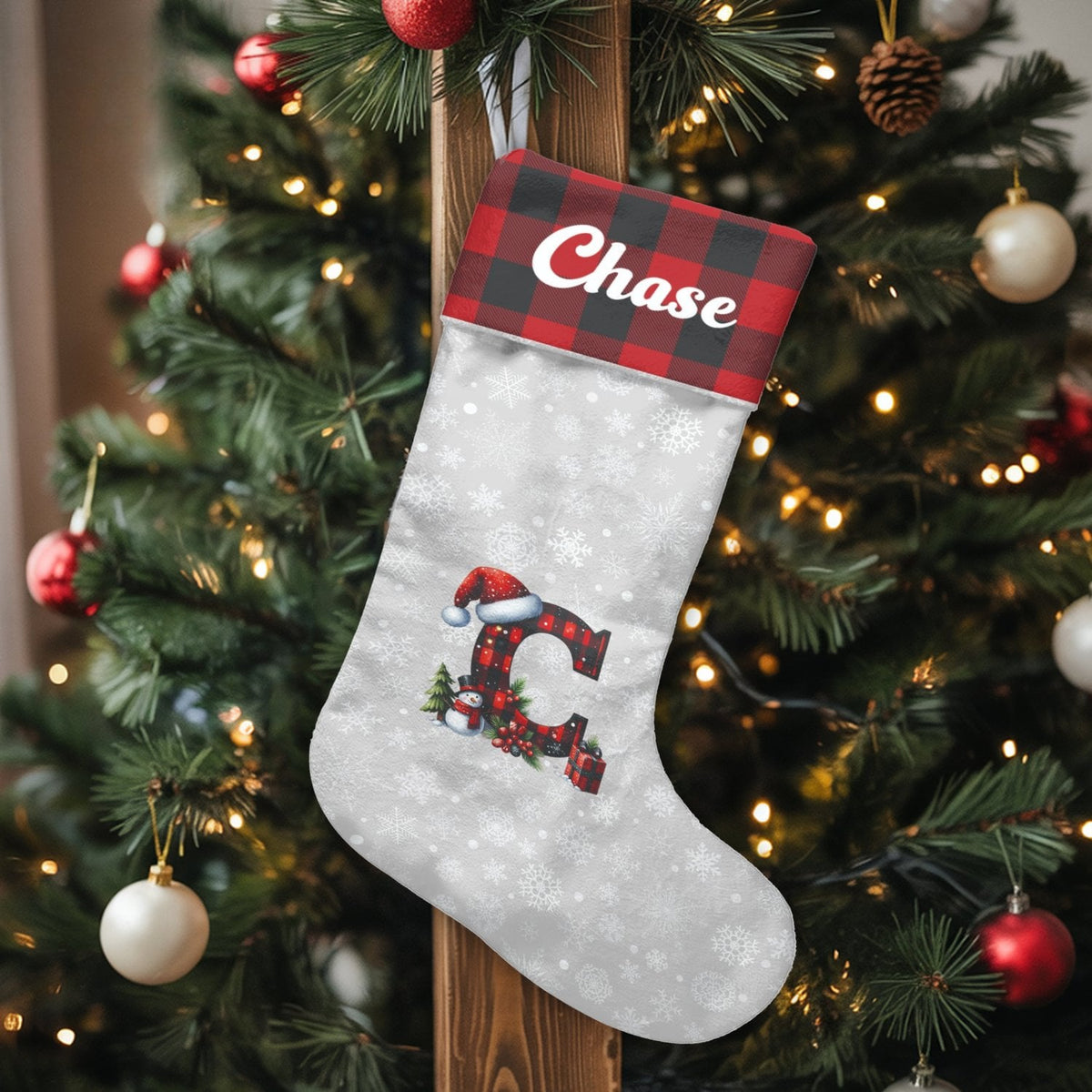 Custom Monogram Christmas Stocking, Personalized Buffalo Plaid Christmas Stocking, Rustic Plaid Holiday Stocking, Family Mant