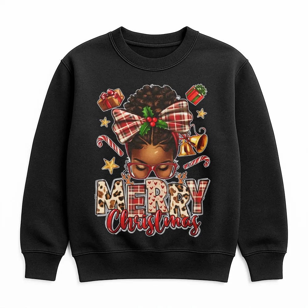 African American Holiday Sweatshirt, Afrocentric Merry Christmas Sweatshirt, Melanin Queen Plaid Bow Sweater, Black Woman Xma