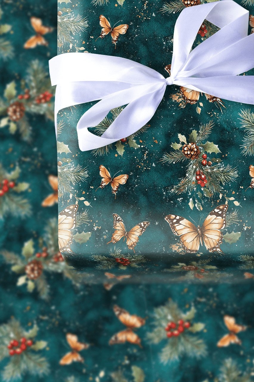 Orange Monarch Botanical Holiday Gift Wrap, Butterfly Holly Christmas Wrapping Paper, Teal Winter Foliage Wrapping Paper, Nat