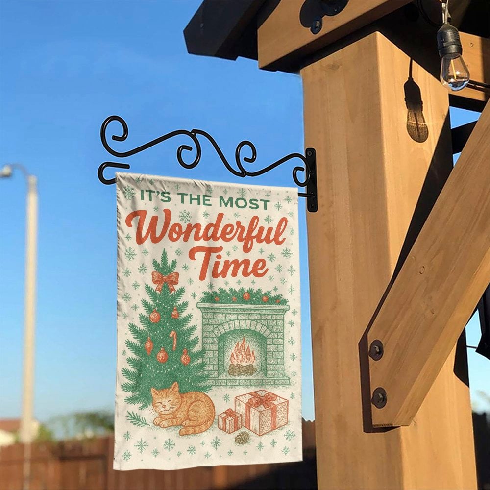 Comfy Holiday Cat Yard Flag, Cat by Fireplace Christmas Garden Flag, Winter Kitten Garden Flag, Festive Lawn Banner, Pet Love