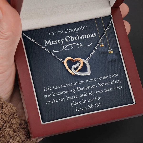 Surgical Steel CZ Double Heart Pendant Necklace, Interlocking Heart Necklace for Daughter, Christmas Present Necklace for Dau