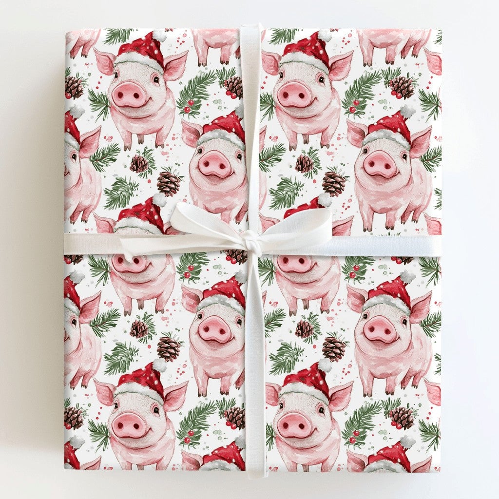 Adorable Watercolor Piglet Gift Wrap, Santa Hat Pig Wrapping Paper, Festive Animal Christmas Wrapping Paper, Whimsical Holida