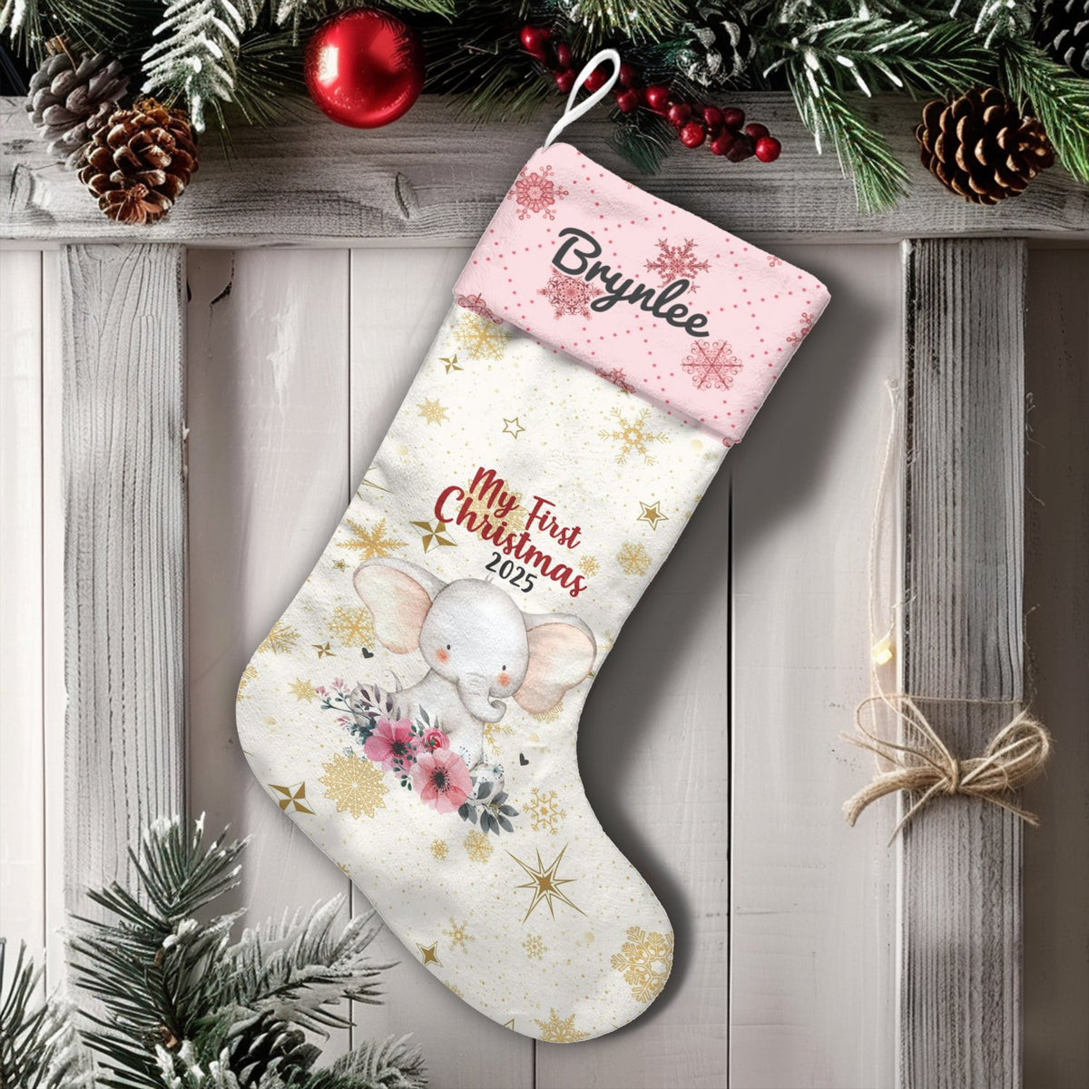 My First Christmas Stocking 2025, Personalized Baby Elephant Christmas Stocking, Baby Girl Floral Holiday Stocking, Custom Ke