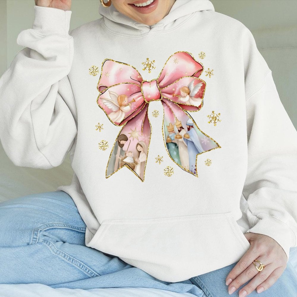 Coquette Bow Christian Nativity Sweatshirt, Nativity Scene Christmas Hoodie, Religious Holiday Graphic Pullover, Jesus Birth 
