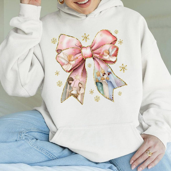 Coquette Bow Christian Nativity Sweatshirt, Nativity Scene Christmas Hoodie, Religious Holiday Graphic Pullover, Jesus Birth 