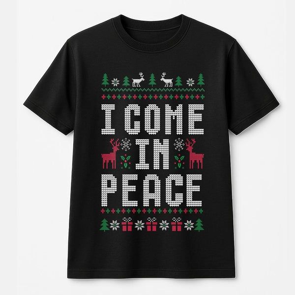 Humorous Reindeer Holiday Shirt, I Come in Peace Christmas T-Shirt, Sarcastic Ugly Xmas Tee, Retro Festive Graphic T-Shirt, X