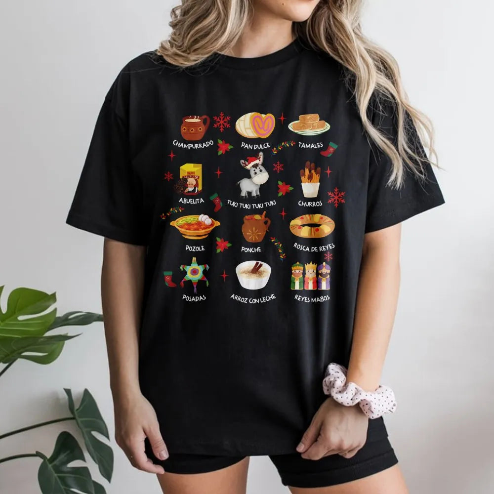 Feliz Navidad Tamales and Traditions Graphic Tee, Mexican Christmas T-Shirt, Festive Latino Holiday Shirt, Hispanic Christmas