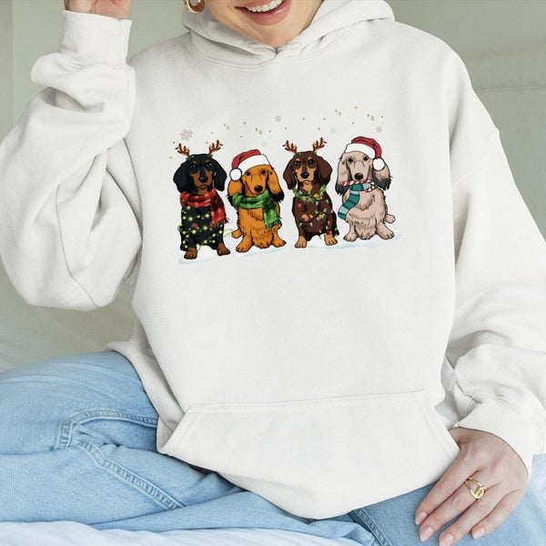 Festive Wiener Dog Sweatshirt, Dachshund Christmas Hoodie, Adorable Xmas Doxie Graphic Pullover Hoodie, Winter Holiday Dog Lo