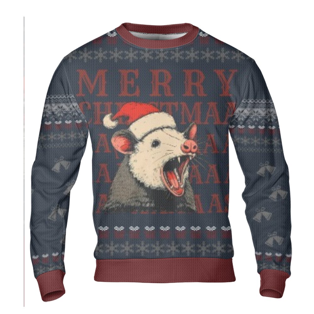 Humorous Trash Animal Holiday Crewneck, Screaming Possum Ugly Christmas Sweater, Sarcastic Possum Opossum Jumper, Xmas Humor 
