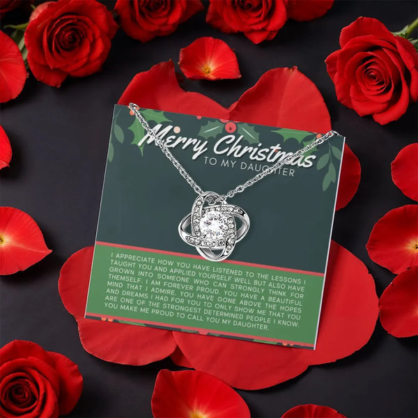 Rotating Rose Gift Box, Daughter Christmas Love Knot Necklace, Gold CZ Pendant, Sentimental Holiday Daughter Love Knot Jewelr