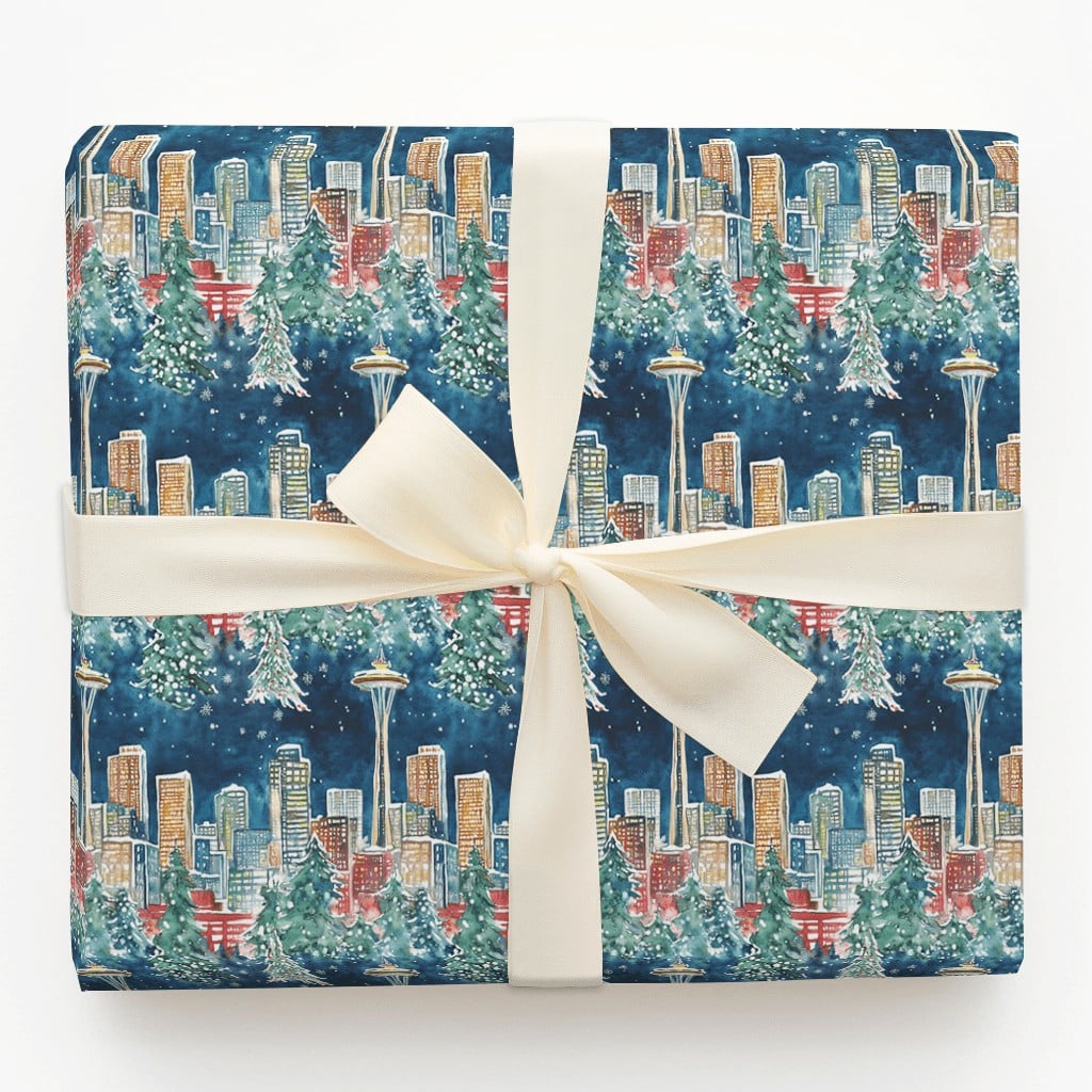 Space Needle Holiday Gift Wrap Roll, Seattle Skyline Christmas Wrapping Paper, Pacific Northwest Winter Wrapping Paper, City 